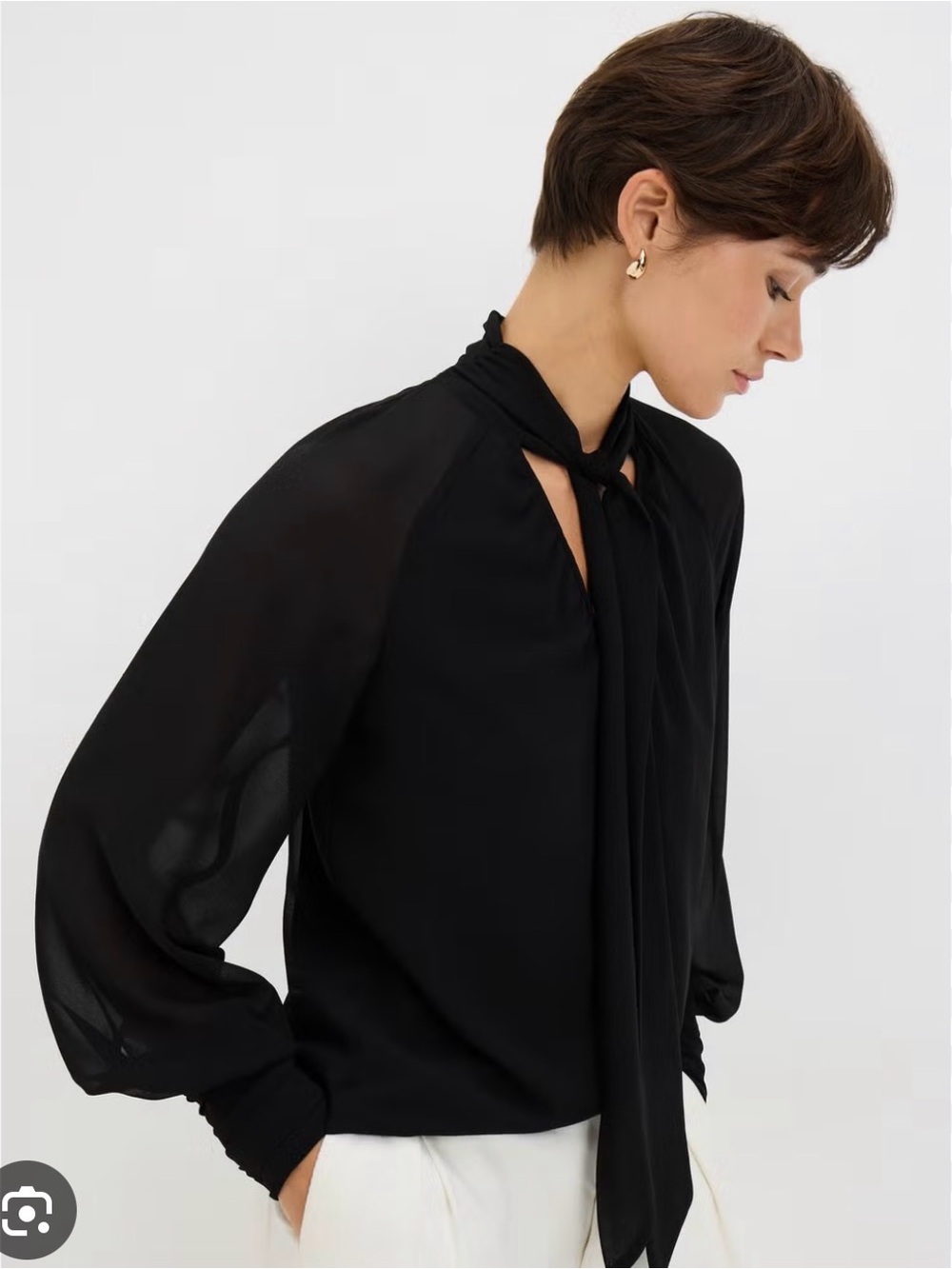 Chiffon Tie-Neck Long Sleeve Top in Black new